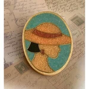 Vintage Art Deco Revival Lady Profile Hat Brooch Crushed Stone Inlay Mosaic Oval